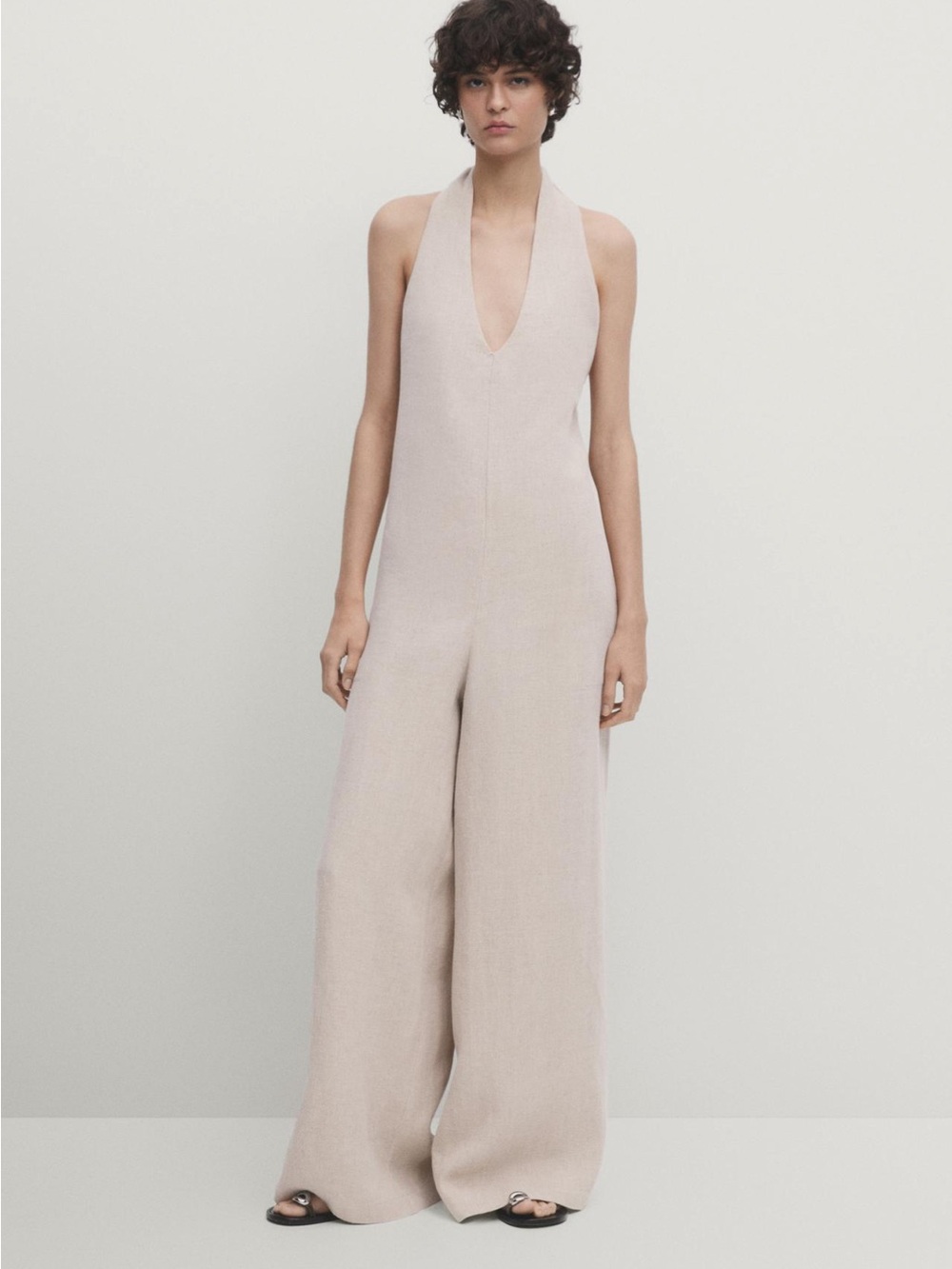 Massimo dutti Halter neck Wide-Leg Jumpsuit - Light Beige sand small NWT